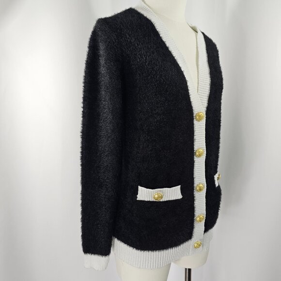 Tahari Women's Black & White Fuzzy Soft Button Front Cardigan Sweater Size XS - Picture 6 of 14